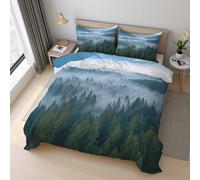 Misty Forest Duvet Cover Set Double Size, Woodland Landscape Bedding Set 200x200 cm, Quilt Cover with 2 Pillowcases, Soft Microfiber 3pcs, Zip 21D&-34