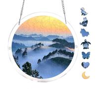 Misty Forest Hills Sunrise Landscape Acrylic Round Puzzle 7.8x7.8Inch Hanging Decor