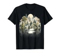 Misty Forest Moon Nature Landscape Reflection Evergreen Tree Value Graphic T-Shirt, Men, Black, S