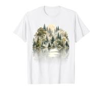 Misty Forest Moon Nature Landscape Reflection Evergreen Tree Value Graphic T-Shirt, Men, White, L