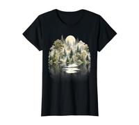 Misty Forest Moon Nature Landscape Reflection Evergreen Tree Value Graphic T-Shirt, Women, Black, M