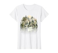 Misty Forest Moon Nature Landscape Reflection Evergreen Tree Value Graphic T-Shirt, Women, White, XL