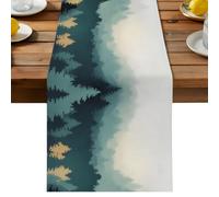 Misty Forest Table Runner, Rustic Farmhouse Green Pine Trees Pale Full Moon Cotton and Table Linen Runner for Kitchen Dining Home Decor for Party Festival Holiday Decoration Gift 13x90in