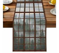 Misty Forest Table Runner, Wooden Window Forest Mountain Retro Tree Cotton and Table Linen Runner for Kitchen Dining Home Decor for Party Festival Holiday Decoration Gift 13x70in