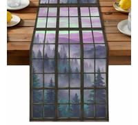 Misty Forest Table Runner, Wooden Window Purple Forest Mountain Retro Tree Cotton and Table Linen Runner for Kitchen Dining Home Decor for Party Festival Holiday Decoration Gift 13x120in