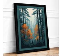 Misty Forest Valley Scandinavian Framed Wall Art Print A3 Black | Ready to Hang, Premium Gi Paper, Fade-Resistant Inks, Securely Packaged, UK Made