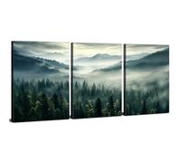 Misty Forest Wall Art Mountain Landscape Prints Canvas Foggy Pine Trees Wall Decor, Nature Green Grey Modern Scenic Wall Pictures for Living Room Bedroom Hallway Office Home Decoration 30x40cm 3Pcs