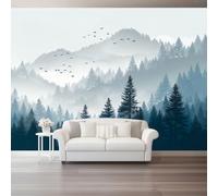 Misty Forest Wall Mural Photo Wallpaper, 3D Wall Art Non-Woven Wall Covering Blue Cedar Trees Birds 300 X 210 Cm, Large Poster for Living Room Bedroom Office Tv Background Wall Decor