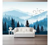 Misty Forest Wall Mural Photo Wallpaper, 3D Wall Art Non-Woven Wall Covering Blue Mountains and Forests Birds 350 X 256 Cm, Large Poster for Living Room Bedroom Office Tv Background Wall Decor
