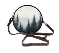 Misty Forest Women’s Round Crossbody Bag, Pine Tree Circular Vegan Leather Shoulder Purse Handbag with Adjustable Strap