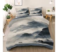 Misty Landscape Duvet Cover Set Twin Size, Oriental Pavilion Bedding Set, River Surface Lonely Boat Comforter Cover with 2 Pillow Shams, Comfy Breathable Lightweight Chinese Tradition Comforter Cover