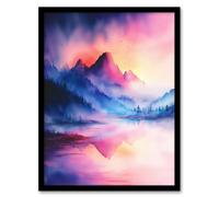 Misty Mountain Forest Lake Sunset Sky Watercolour Framed Art Print Artery8 Pink A4