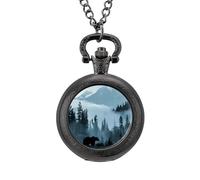 Misty Mountain Forests Animal Bear Vintage Pocket Watch Alloy Pendant Watches Necklace Gift for Men Women Black-Style