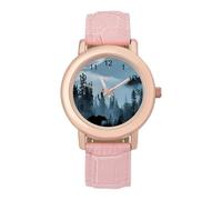 Misty Mountain Forests Animal Bear Womens Elegant Watch Analogue Quartz Watch Leather Band Wristwatch