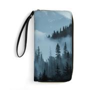 Misty Mountain Forests Animal Bear Wristlet Wallets for Men Women Leather Long Wallet Credit Card Clutch with Cord