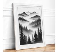 Misty Mountain Ranges Scandinavian Framed Wall Art Print A4 (29.7×21cm) White, Wall Decor for Living Room, Bedroom, Office & Home, Ready to Hang, Art Gift