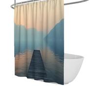 Misty Mountain View Bath Curtain Soft Dawn Light Wooden Dock Design Shower Curtain for Bathroom Machine Washable Waterproof Polyester 180 x 200 cm