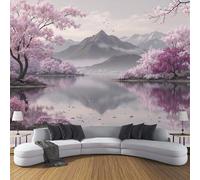 Misty Mountains Reflected In The Water Mural Wallpaper, Chinese Ink Painting Landscape Panoramic Wallpaper, Wall Mural Decoration Poster 250x175cm Murals for Living Room Bedroom Hallway, Pink