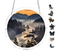 Misty River Through Autumn Forest at Dawn 7.8x7.8Inch Round Acrylic Hanging Puzzle