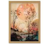 Misty Riverside Trees Sunset Landscape Modern Boho Watercolour Painting Artwork Framed Wall Art Print A4 Artery8 Light Oak One Size
