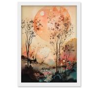 Misty Riverside Trees Sunset Landscape Modern Boho Watercolour Painting Artwork Framed Wall Art Print A4 Artery8 White One Size