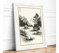 Misty Valley Stream Japandi Framed Wall Art Print A3 (42×29.7cm) White, Wall Decor for Living Room, Bedroom, Office & Home, Ready to Hang, Art Gift