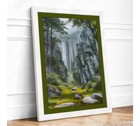 Misty Waterfall Forest Scandinavian Framed Wall Art Print A4 (29.7×21cm) White, Wall Decor for Living Room, Bedroom, Office & Home, Ready to Hang, Art Gift