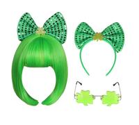 MISUVRSE Patrick's Day Dressing-up Accessories Set Party Favor Green Shamrock Eyeglasses Bows Headband Bobhaircut Wigs Set