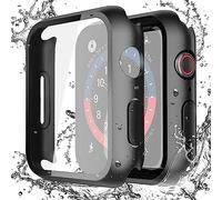 Misxi 2-Pack Waterproof Hard Case with Tempered Glass Compatible with Apple Watch SE 3 SE 2 SE Series 6 Series 5 Series 4 44mm, Ultra-Thin Protective Cover for iWatch Screen Protector, Matte Black