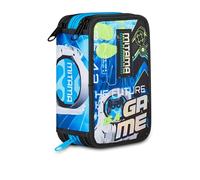 Mitama School Pencil Case 3 Compartments, Super Future Game, 47 Pieces Content, Complete with Pencils, Markers and Pen Holder for Elementary School Children, Blue, Modern