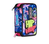 Mitama School Pencil Case 3 Compartments, Super Triple Music Pop, Content 47 Pieces, Complete with Pencils, Markers and Pen Holder for Elementary School Girl, Black, Modern
