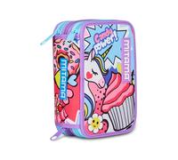 Mitama School Pencil Case 3 Compartments, Triple Daypop Container, 47 Pieces, Complete with Pencils, Markers and Pen Holder for Elementary School Girl, Fuchsia, Modern