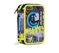 Mitama School Pencil Case 3 Compartments, Triple Urban Design, 47 Pieces, Complete with Pencils, Markers and Pen Holder for Elementary School Children, Black, Modern