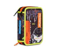 Mitama School Pencil Case with 3 Compartments, Neon Battle, with Markers, Pencils, Crayons etc., multi-coloured, Taglia Unica