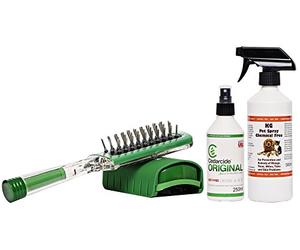 Mite, Flea & Tick brush with rollerball action puts oil on the skin of your pet when grooming. + Cedarcide Original 250ml Refill + KG Pet Spray 500ml
