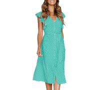 MITILLY Women's Boho Polka Dot Flutter Short Sleeve V Neck Button Down Swing Midi Dress with Pockets, 12 Lake Green, M