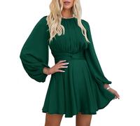MITILLY Women's Elegant Satin Long Sleeve Round Neck Wrap Tie Waist Flowy Cocktail Party Mini Dress, Dark Green, M