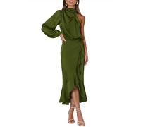 MITILLY Women's Satin Formal One-Shoulder Mock Neck Long Sleeve Bodycon Wrap Mermaid Hem Cocktail Party Maxi Dress New, Dark Green, M