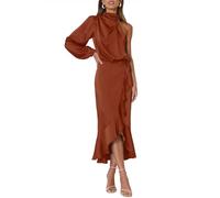 MITILLY Women's Satin Formal One-Shoulder Mock Neck Long Sleeve Bodycon Wrap Mermaid Hem Cocktail Party Maxi Dress New, Rust, L
