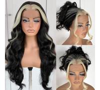 MITIMES 13x6 STINK STRIPE WIG Glueless Medium Skunk Stripes Wavy Lace Front Wig Pre Plucked Synthetic Long Highlights Wear and Take Away