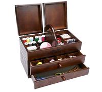 MITLOW Large Wooden Sewing Basket with 2 Drawers, Brown, Rectangular, Organizational, for Home and Embroidery