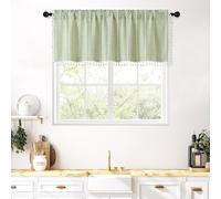 MitoVilla Boho Farmhouse Kitchen Valances for Windows, Sage Green French Country Valance Curtains for Living Room/Bedroom, Modern Rustic Cotton Linen Tassel Topper Window Curtain, 52’’W x 18’’L