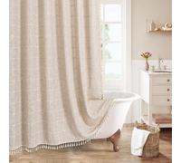 MitoVilla Tan Brown Boho Farmhouse 72 x 78 Cotton Linen Ultra Thick Heavy Duty Fabric Shower Curtains for Rustic Bathroom Decor (Tassel Long About 1.5 Inches)