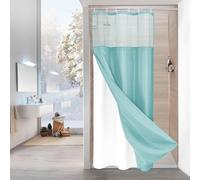 MitoVilla Teal Small Stall Shower Curtain 36 x 72, Turquoise Narrow Half Size Waffle Weave Fabric Shower Curtain with Water-Repellent Snap-in Liner for Aqua Modern Neutral Hotel Bathroom Decor
