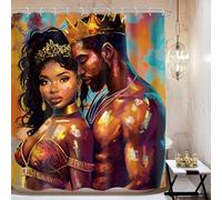 Mitpok African American Shower Curtain Valentine Romantic Vintage Black Couple King and Queen Afro Woman Man Lovers Modern Gold Crown 60Wx72H Bathroom Decor Bath Curtain Polyester 12 Pack Hooks