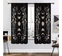 Mitpok Boho Floral Curtains Black Flower Wildflower 42W x 63H Inch Rod Pocket Moon Phase Moonlit Garden Witchy Gothic Aesthetic Spring Nature 2 Panel Window Treatment Set for Bedroom Living Room Decor
