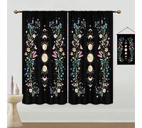 Mitpok Boho Moon Phase Floral Curtains for Bedroom 42Wx63H Inch Rod Pocket Black Wildflower Gothic Witchy Flower Moonlit Aesthetic Spring Garden Plants Window Treatment for Living Room Decor