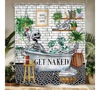 Mitpok Funny Skull Skeleton Shower Curtain 72Wx72H Halloween Gothic Tropical Plants Spooky Bone in Buthtub Bubble Cat Scary Cool Bathroom Decor Green Leaves Bath Curtain Fabric Polyester 12 Pack Hooks