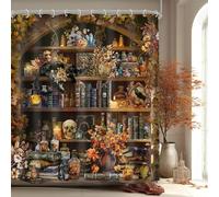 Mitpok Gothic Skull Shower Curtain 60Wx72H Fall Autumn Vintage Witchy Spooky Retro Wizard Magic Bookshelf Succulent Maple Leaf Bathroom Decor Plant Bath Curtain Fabric Polyester 12 Pack Hooks