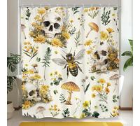 Mitpok Gothic Skull Shower Curtain 60Wx72H Rustic Boho Yellow Mushroom Floral Bee Spooky Skeleton Farmhouse Fairy Witchy Botanical Bathroom Decor Scary Bath Curtain Fabric Polyester 12 Pack Hooks